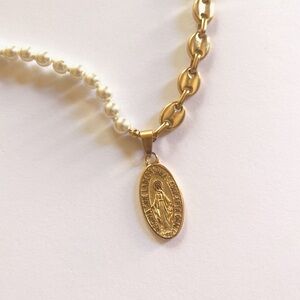 Gold and Pearl Necklace with Virgin Mary Medallion (New) 14-17”